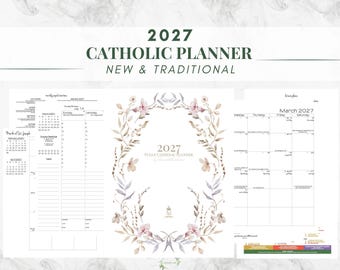 May include: A 2027 Catholic planner featuring a white cover with a central floral wreath illustration and the text 2027 FULLY CATHOLIC PLANNER. The interior pages display a monthly calendar for March 2027 and a weekly layout with liturgical notes.