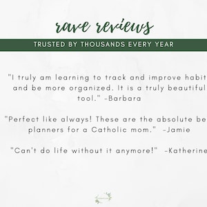 May include: A white background with the text "rave reviews" in a handwritten style, and the text "TRUSTED BY THOUSANDS EVERY YEAR" in a dark green banner. Below are three customer reviews about a planner, with quotes from Barbara, Jamie, and Katherine.