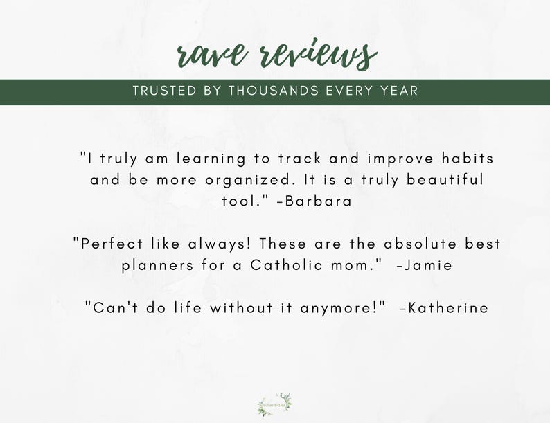 May include: A white background with the text "rave reviews" in a handwritten style, and the text "TRUSTED BY THOUSANDS EVERY YEAR" in a dark green banner. Below are three customer reviews about a planner, with quotes from Barbara, Jamie, and Katherine.