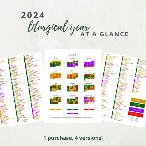 2024 Catholic Liturgical Calendar Year at a Glance:  Liturgical Colors Guide