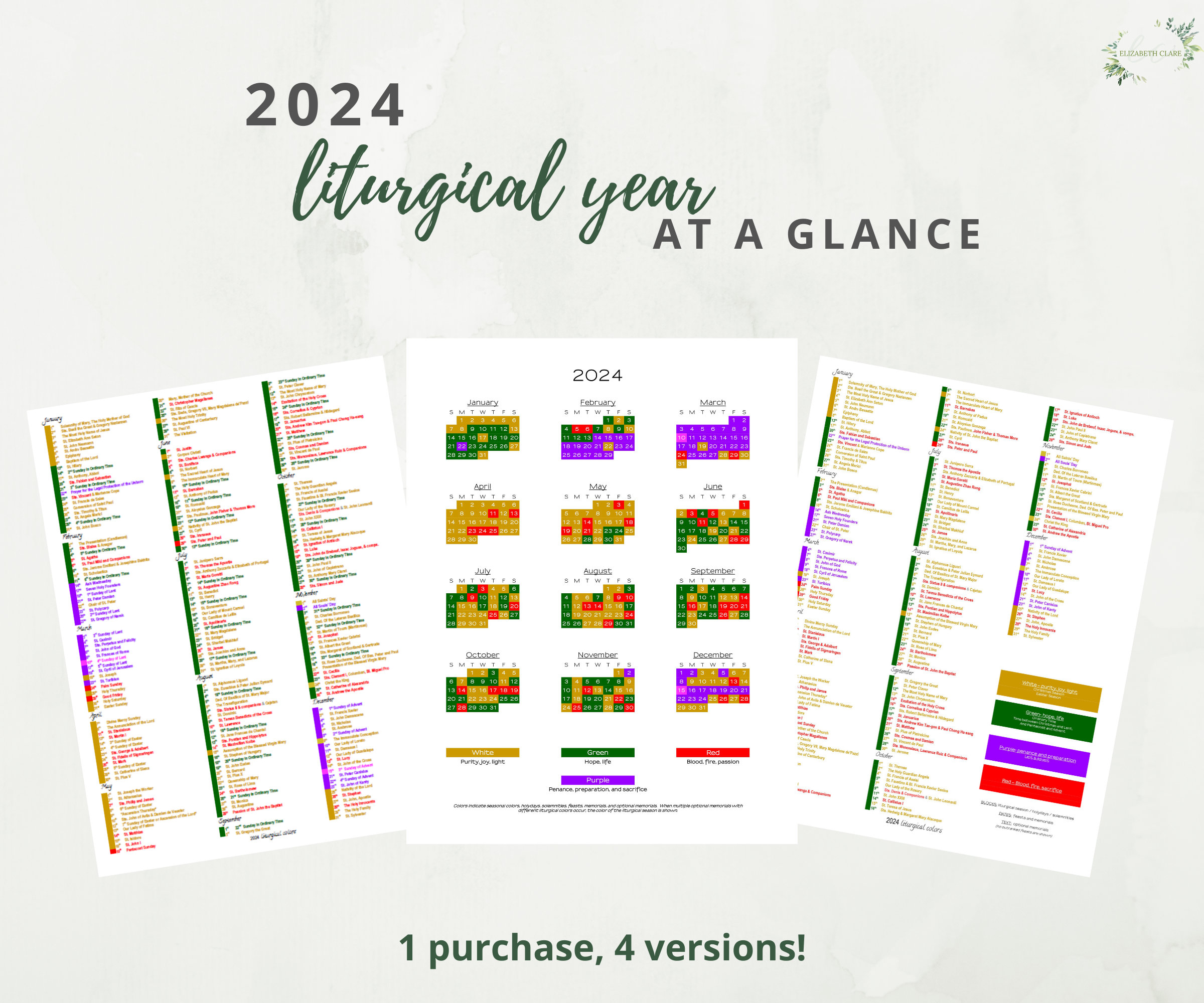 2024 Catholic Liturgical Calendar Year at a Glance: Liturgical Colors Guide  -  Israel