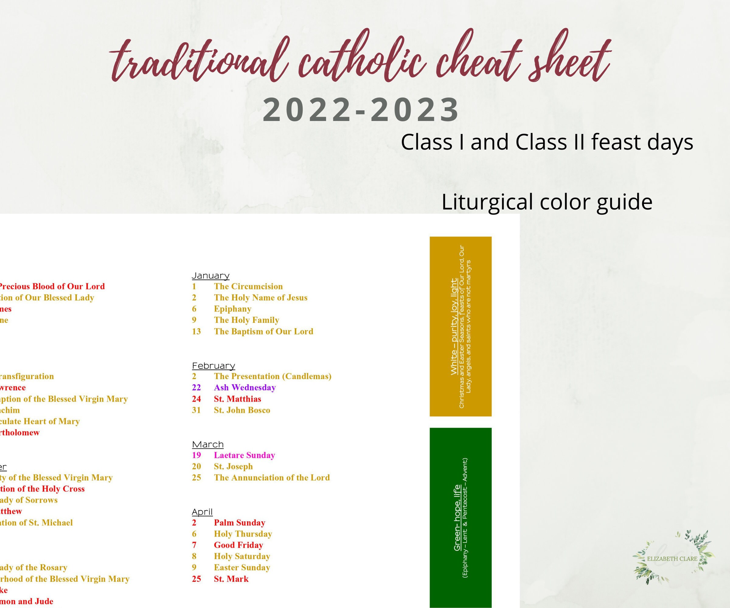 Tridentine Calendar 2023 2022-2023 Traditional Catholic Liturgical Calendar At A Glance | Etsy
