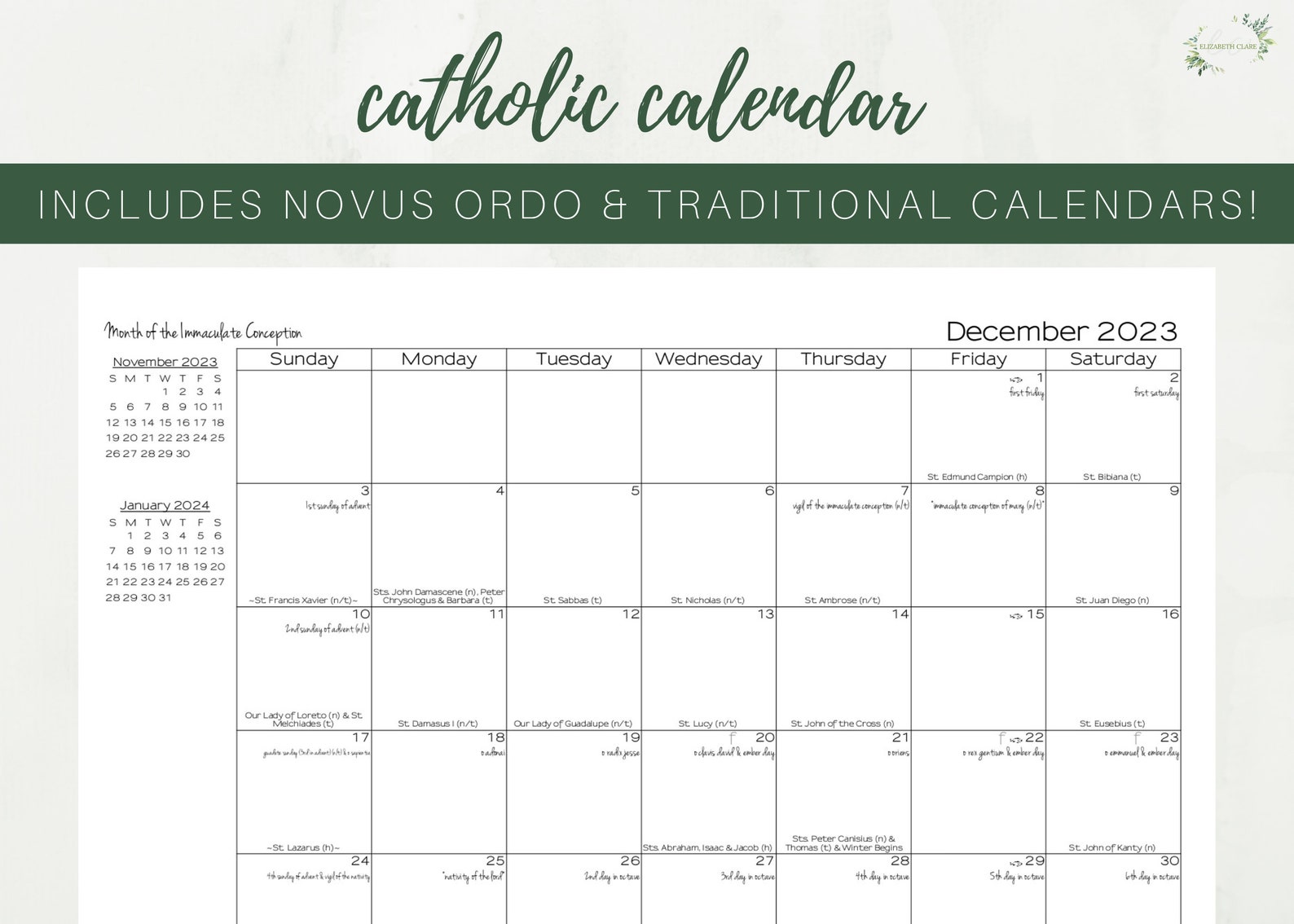 2023 Catholic Calendar Printable Monthly One Page Catholic Etsy