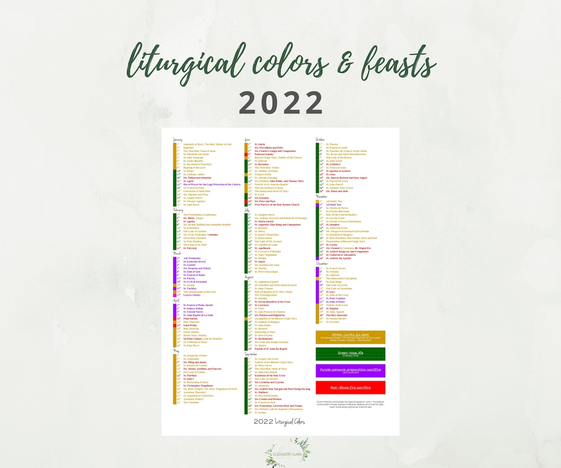 2022 Catholic Liturgical Calendar 1 page Liturgical Color Etsy