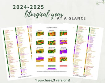 2024-2025 Catholic Liturgical Calendar Year at a Glance:  Liturgical Colors Guide One Page Guide