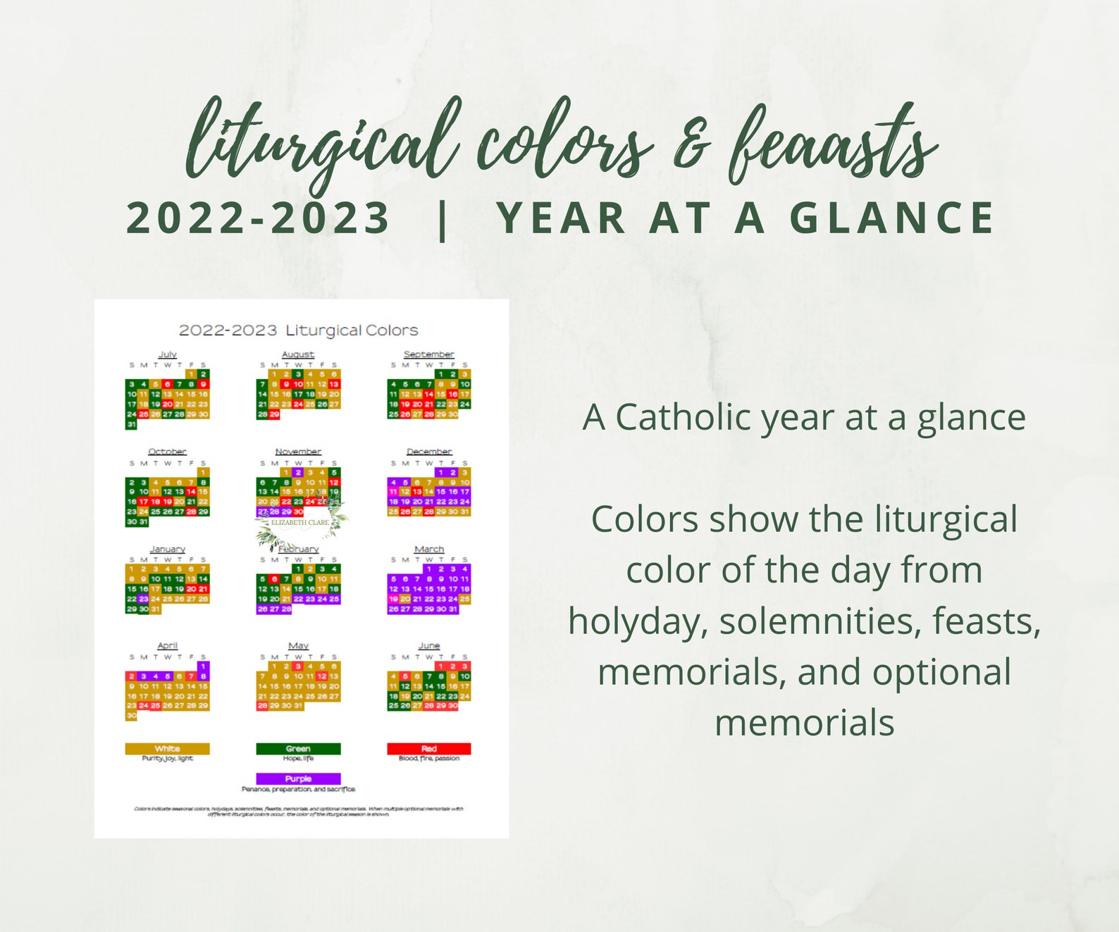 20222023 Catholic Liturgical Calendar Year at a Glance Etsy Finland