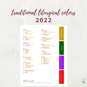 2022 Catholic Liturgical Calendar: 1 Page Liturgical Color | Etsy