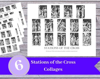 Può includere: Sei collage stampabili in bianco e nero delle Stazioni della Via Crucis. Ogni collage presenta 14 immagini delle Stazioni della Via Crucis.