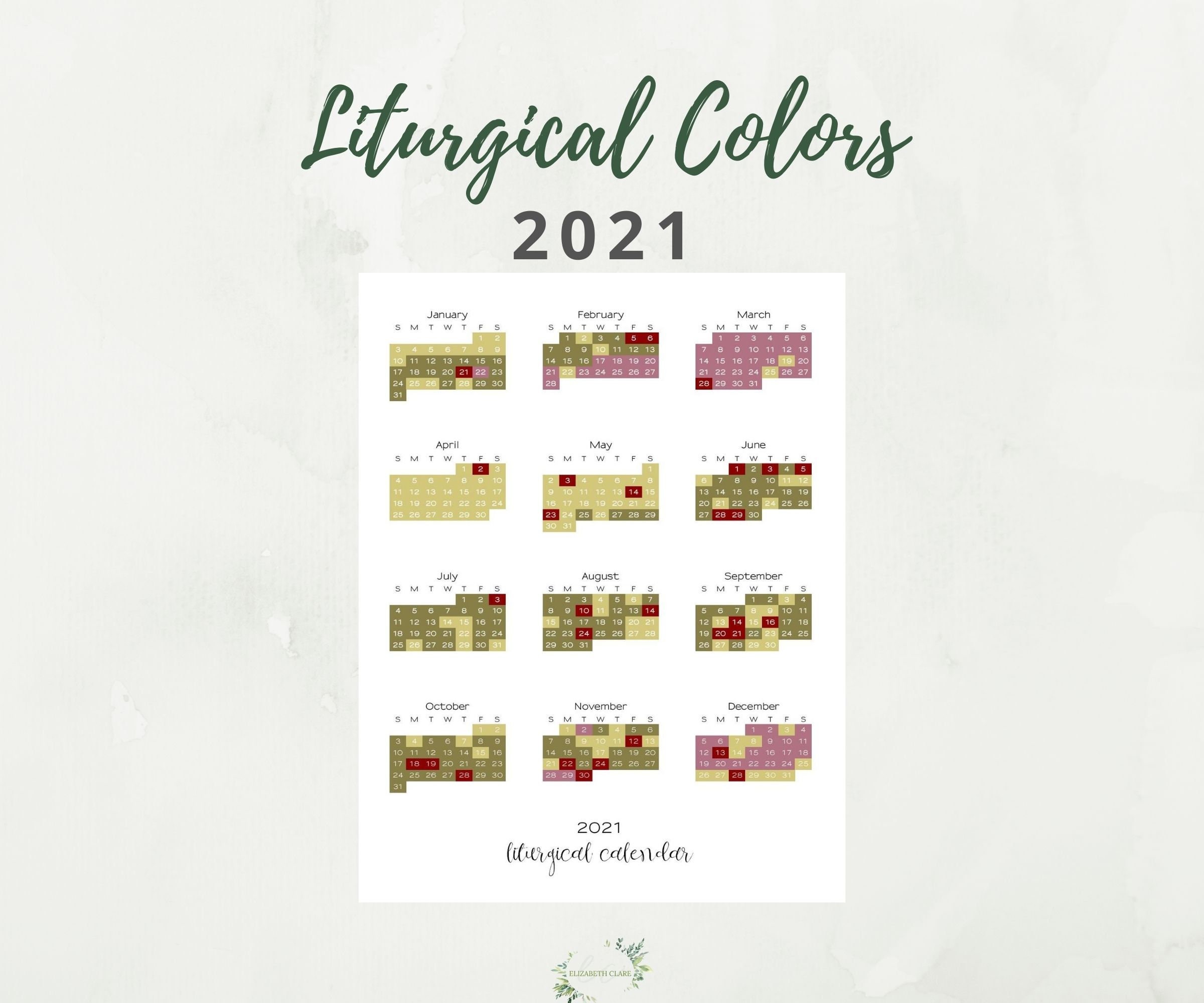 2021 Catholic Liturgical Calendar Liturgical Colors Guide 1 Etsy