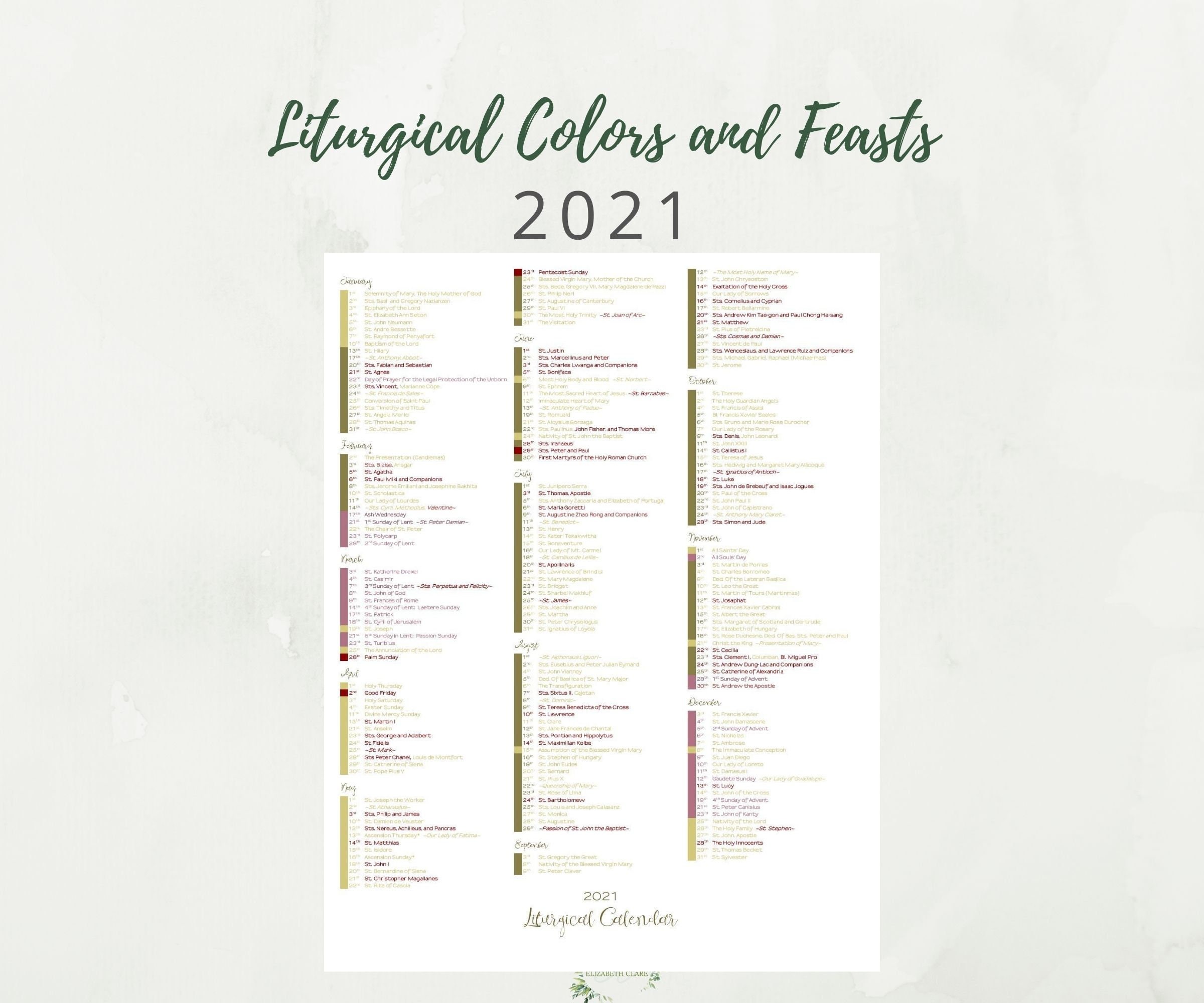 2021 Catholic Liturgical Calendar Liturgical Colors Guide 1 Etsy