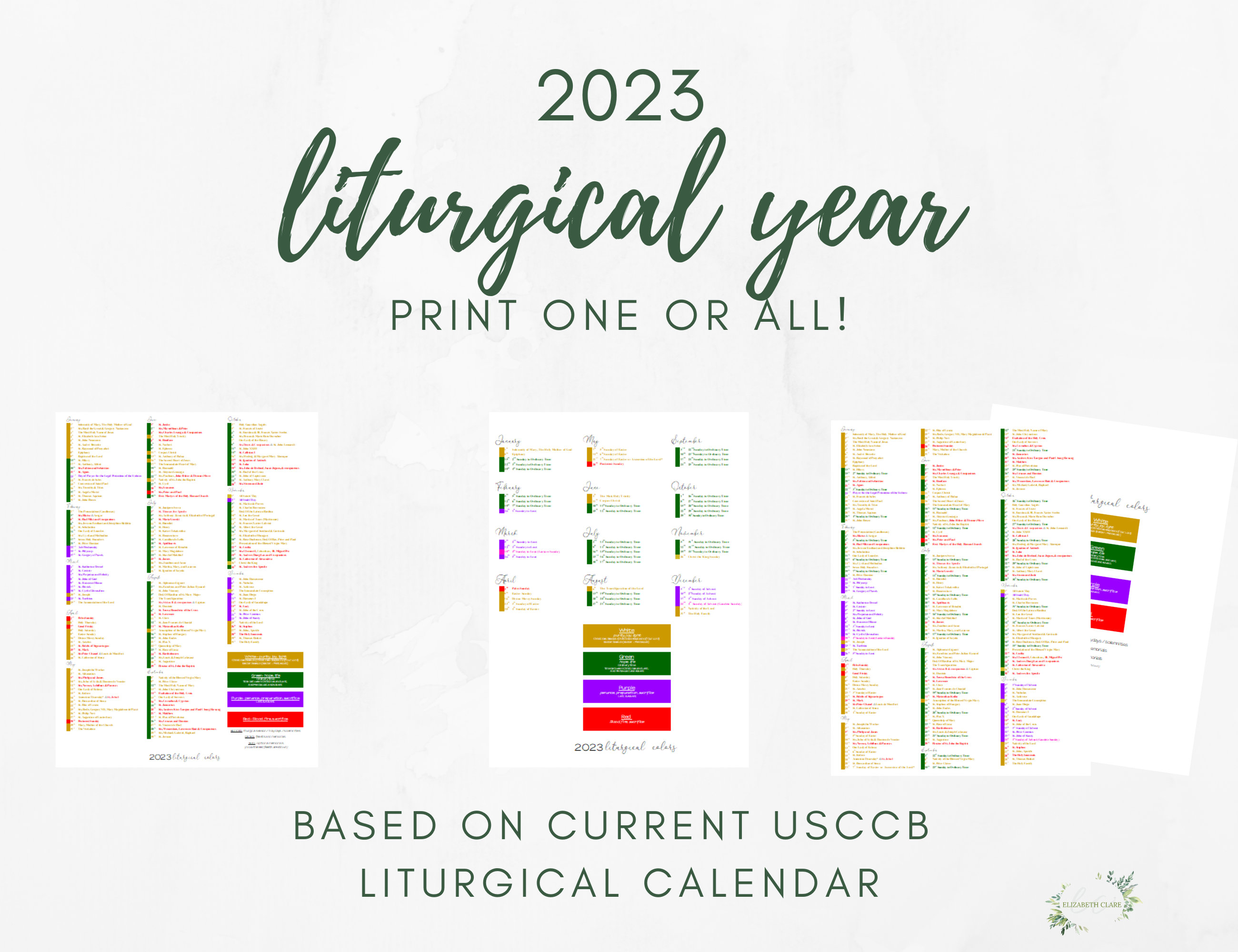 2023 Catholic Liturgical Calendar Year at a Glance: Liturgical Etsy