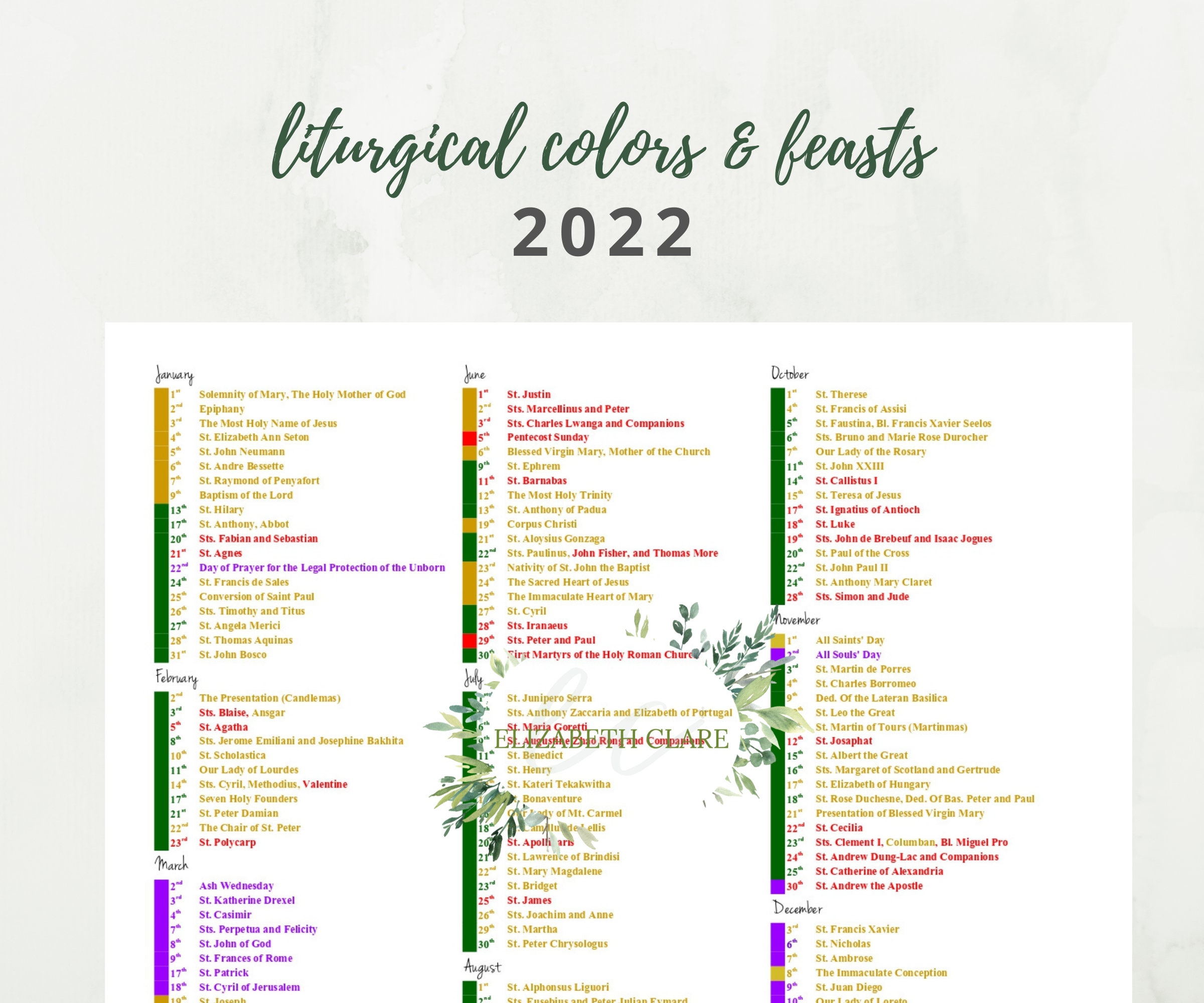 2022 Catholic Liturgical Calendar 1 page Liturgical Color Etsy