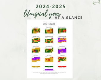 2024-2025 Catholic Liturgical Calendar Year at a Glance:  Liturgical Colors Guide