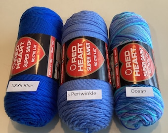 YARN, Red Heart, Super Saver, two 7 oz. skeins, No. 1, 0886 Blue, and No. 2, Lt. Periwinkle.  Skein No. 3, 0995 Ocean is 5 oz.