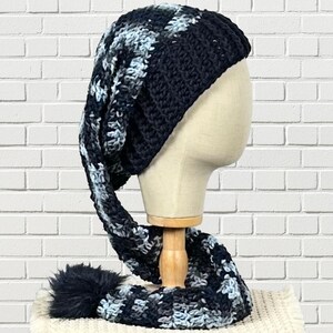 Navy Blue Long Tail Stocking Hat, Christmas Santa Elf Hat, Crochet Pixie Slouchy Cap