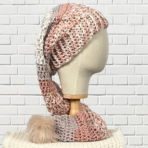 Mauve Lavender Long Tail Stocking Hat, Christmas Santa Elf Hat, Crochet Pixie Slouchy Cap