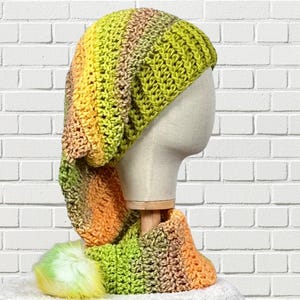Lime Green Peach Long Tail Stocking Hat, Christmas Santa Elf Hat, Pixie Slouchy Cap
