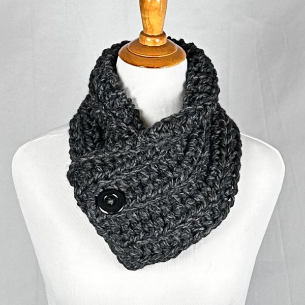 Neck Warmer Cowl with Button Dark Gray Chunky Wool Blend, Crochet Thick Small Winter Scarf, Unisex Neckwear
