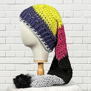 Black Purple Long Tail Stocking Hat, Christmas Santa Elf Hat, Crochet Pixie Slouchy Cap