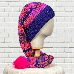 Purple Pink Long Tail Stocking Hat with Pom Pom, Christmas Santa Elf Hat, Crochet Pixie Slouchy Cap, Winter Festive Hat