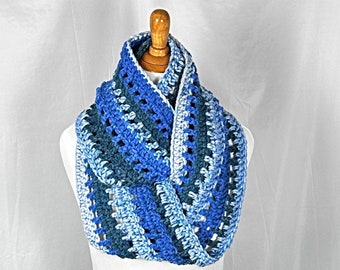 Chunky Infinity Loop Cowl Scarf Blue 8" wide, 100% Bulky Acrylic Unisex Neckwear, Thick Crochet Circle Neck Warmer, Gift for Him or Her