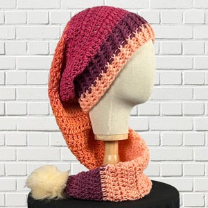 Peach Pink Long Tail Stocking Hat, Christmas Santa Elf Hat, Crochet Pixie Slouchy Cap