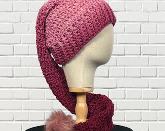 Burgundy Pink Long Tail Stocking Hat, Christmas Santa Elf Hat, Crochet Pixie Slouchy Cap