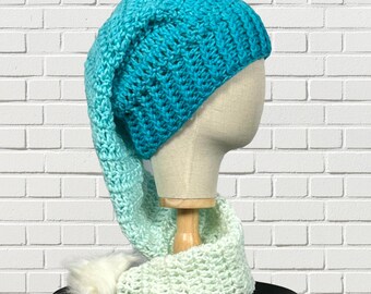 Aqua Ombre Long Tail Stocking Hat, Christmas Santa Elf Hat, Crochet Pixie Slouchy Cap