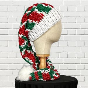 Red Green Long Tail Stocking Hat, Christmas Santa Elf Hat, Crochet Pixie Slouchy Cap