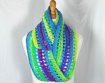 Blue Green Infinity Loop Cowl Scarf 7" wide, 100% Acrylic Unisex Neckwear, Crochet Circle Neck Warmer, Gift for Him or Her