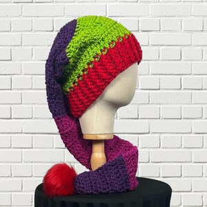 Purple Red Long Tail Stocking Hat, Christmas Santa Elf Hat, Crochet Pixie Slouchy Cap