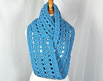 Chunky Blue Infinity Loop Cowl Scarf 8.5" wide Wool Blend, Unisex Neckwear, Thick Crochet Circle Neck Warmer, Gift for Him or Her