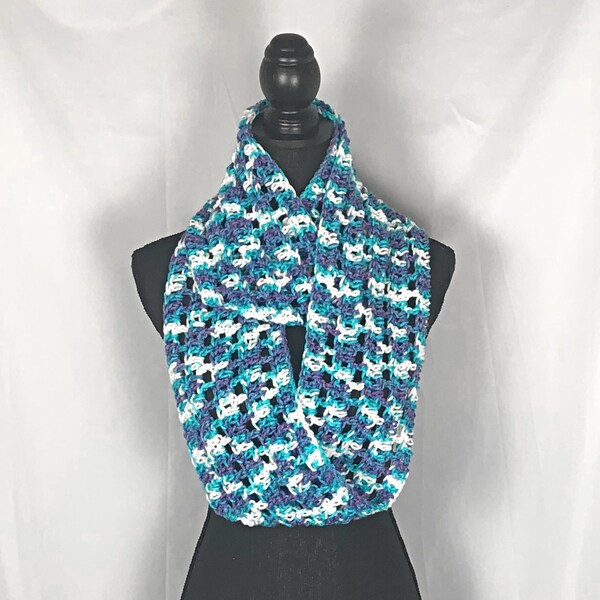 Infinity Loop Cowl Scarf Aqua Blue Purple 6.5" wide, 100% Acrylic Unisex Neckwear, Crochet Circle Neck Warmer, Gift for Him or Her
