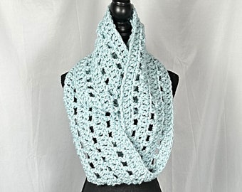 Chunky Light Blue Infinity Loop Cowl Scarf 8" wide Wool Blend, Unisex Neckwear, Thick Crochet Circle Neck Warmer, Gift for Him or Her