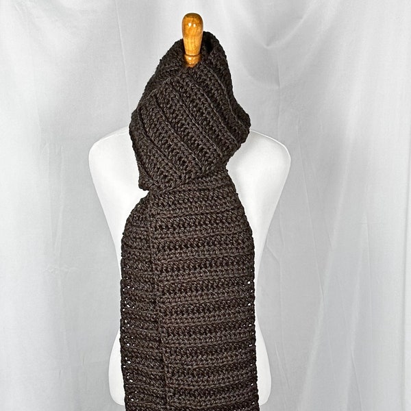 Chunky Crochet Scarf Solid Dark Brown 90" long, 100% Bulky Acrylic, Unisex Neckwear, Open End Winter Neck Warmer