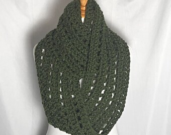 Chunky Infinity Loop Cowl Scarf Forest Green 8" wide, 100% Bulky Acrylic Unisex Neckwear, Thick Crochet Circle Neck Warmer, Gift for Him Her