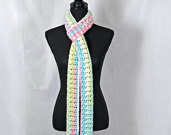 Skinny Narrow Crochet Scarf Pastel 88" long 100% Acrylic, Long Open End Neck Warmer, Women's Neckwear, Gift for Her