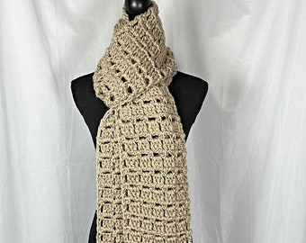 Solid Beige Chunky Crochet Scarf 83" long, 100% Bulky Acrylic, Unisex Neckwear, Open End Winter Neck Warmer