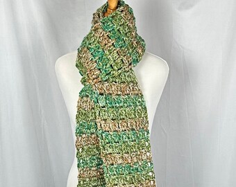 Chunky Crochet Scarf Green Brown 76" long, 100% Bulky Acrylic, Unisex Neckwear, Open End Winter Neck Warmer