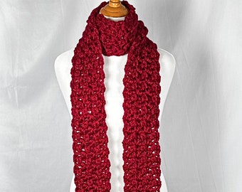 Chunky Crochet Scarf Red Metallic 80" long, Wool Blend, Unisex Neckwear, Open End Winter Neck Warmer