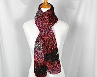 Crochet Scarf Pink Black 68" long 100% Acrylic, Women's Neckwear, Open End Winter Neck Warmer, Gift for Her