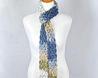 Skinny Chunky Narrow Crochet Scarf Olive Green Blue 75" long 100% Bulky Acrylic, Long Open End Neck Warmer, Women's Neckwear, Gift for Her