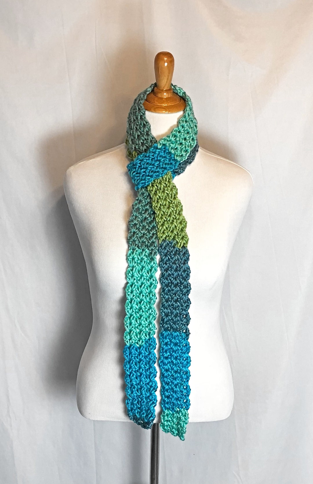 Skinny Chunky Blue Green Scarf Long Narrow Open End Neck Etsy