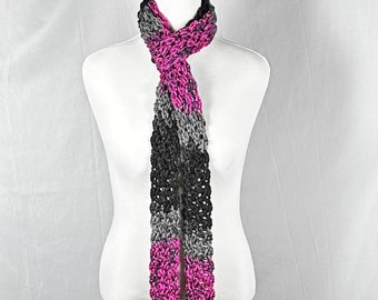 Skinny Chunky Narrow Crochet Scarf Pink Black 76" long 100% Bulky Acrylic, Long Open End Neck Warmer, Women's Neckwear, Gift for Her