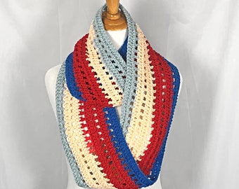 Infinity Loop Cowl Scarf Red Blue 8" wide, 100% Acrylic Unisex Neckwear, Crochet Circle Neck Warmer, Gift for Him or Her