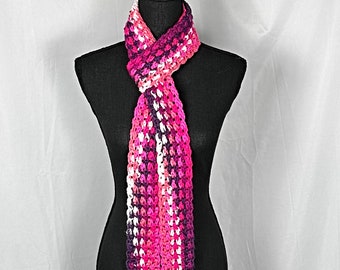 Skinny Narrow Crochet Scarf Pink Purple 76" long 100% Acrylic, Long Open End Neck Warmer, Women's Neckwear, Gift for Her