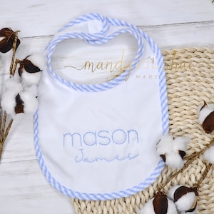 Blue Seersucker Bib/Personalized Bib/Baby Boy Bib With Name Embroidery