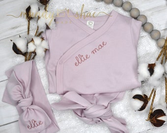 Personalized Baby Gown Set/Organic Cotton Knotted Gown/Embroidered Newborn Gown and Bow Set