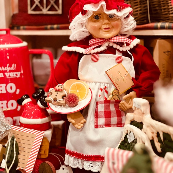 Poupée de Noël Mme Claus avec assiettes en pain d'épices et jupe en velours