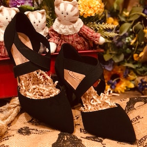 Women country girl dress shoes black velvet with elastic cross detail 3 inches high heel lightweight comfort shoes medium width